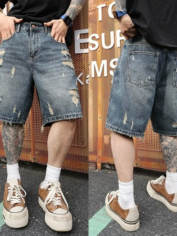 American Style High Street Men's Short Jeans Loose Straight Tube Five-Point Summer Thin Retro Style Casual Wear