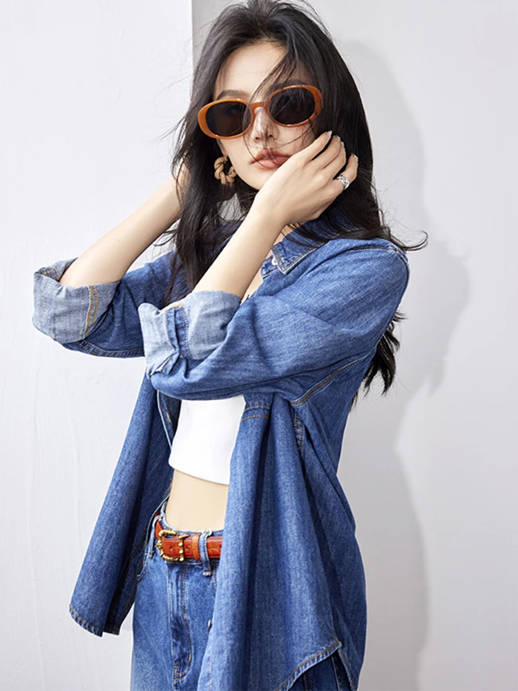 Retro Long Sleeve Denim Shirt Women Autumn New Simplicity Loose Office Lady Solid Color Turn-down Collar Casual Tops