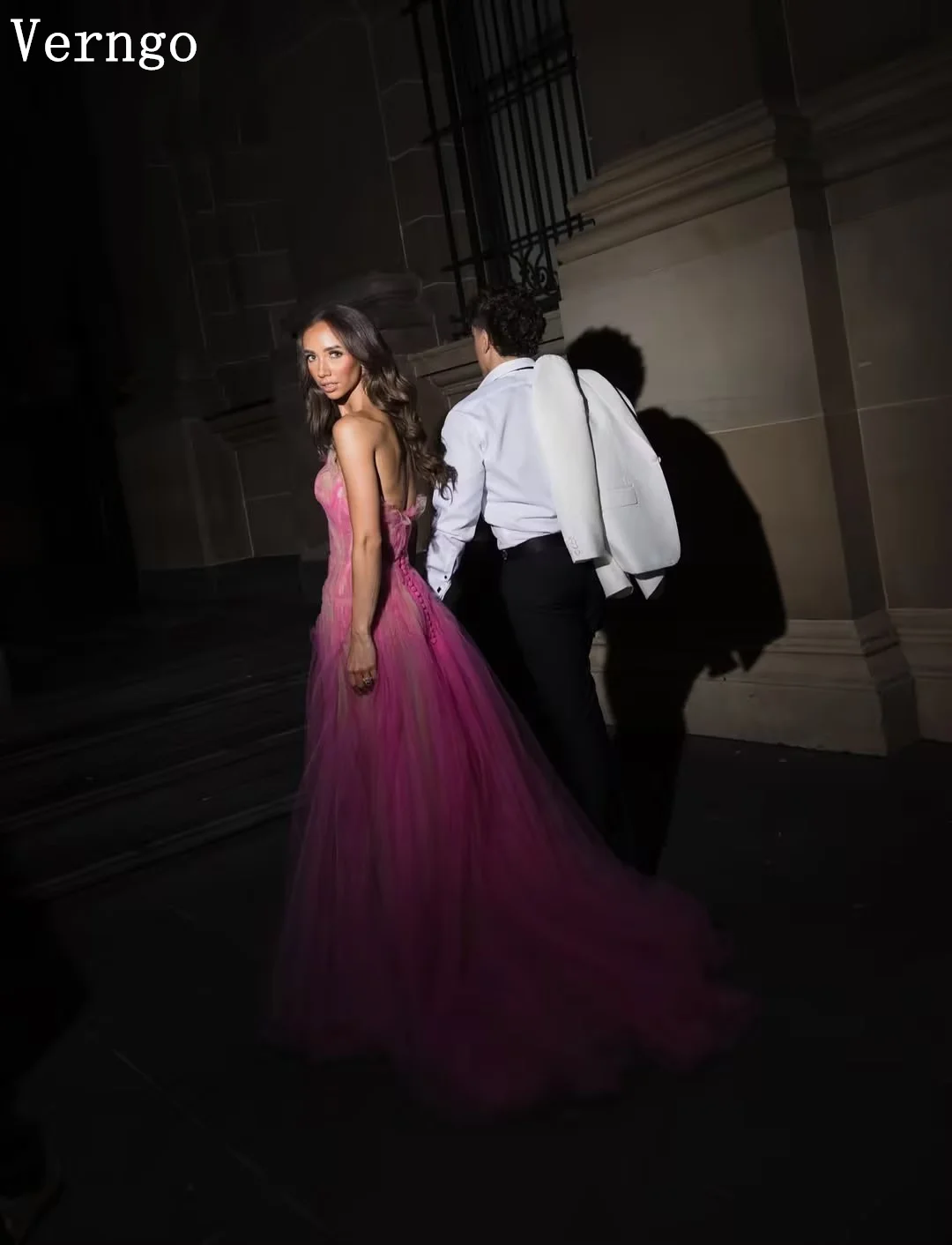 Verngo Pink Tulle Evening Dress Strapless A Line Side Slit Prom Dresses Modern Holiday Party Gowns 2026 Customized