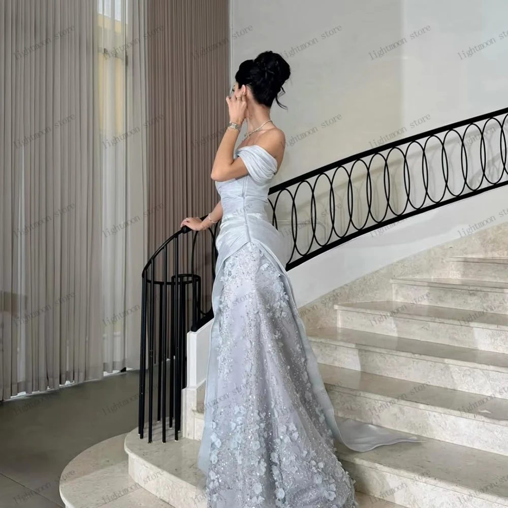 Exquisite Abendkleider, Satin-Abschlussballkleid, Spitzenapplikationen, schulterfrei, Roben für formelle Partys, Vestidos de Gala, individuell