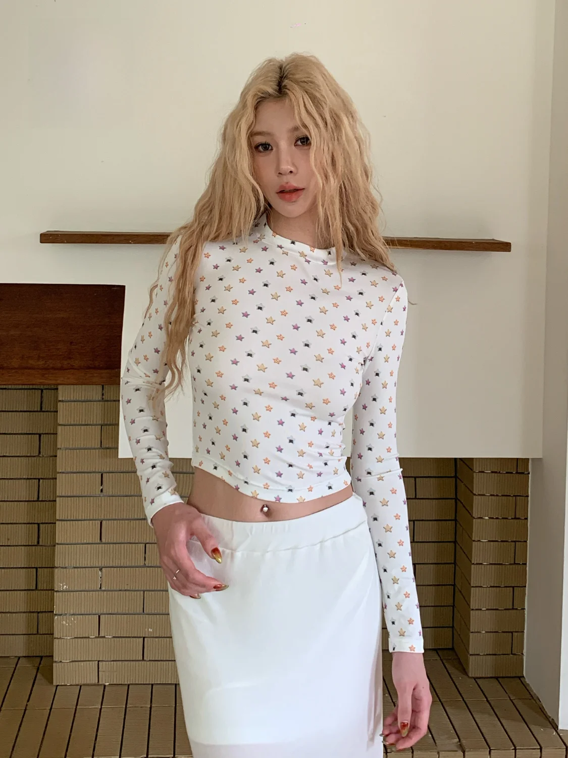 

ALazyPig, облегающая футболка с длинным светом и звездным принтом, женский сладкий пряный базовый слой, топ с высокой талией, смесь полиэстера и спандекса