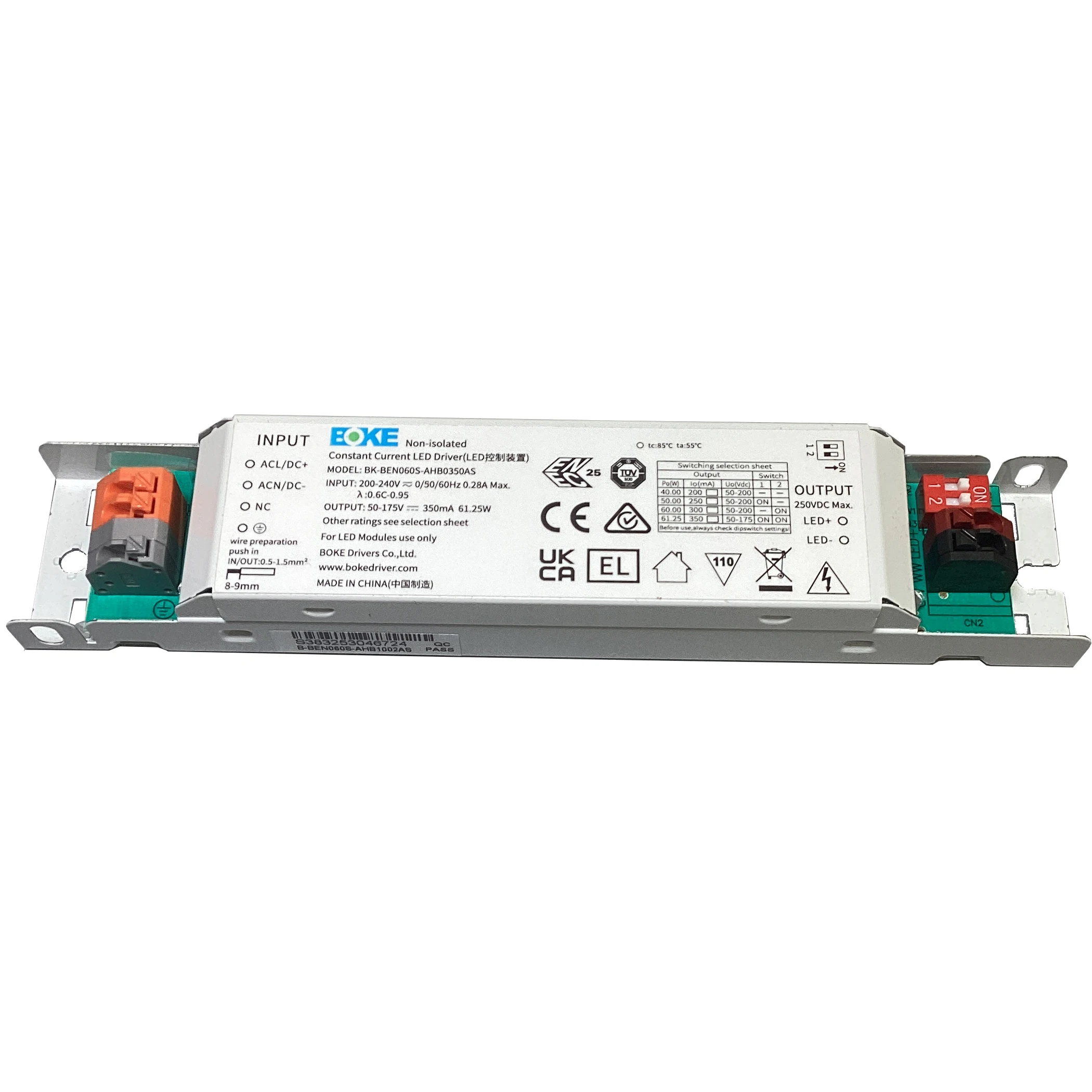 Non-isolated Power Supply 60W 200mA-350mA Constant Current Multifunction LED Driver, Output Parameters Selectable via Dip-switch