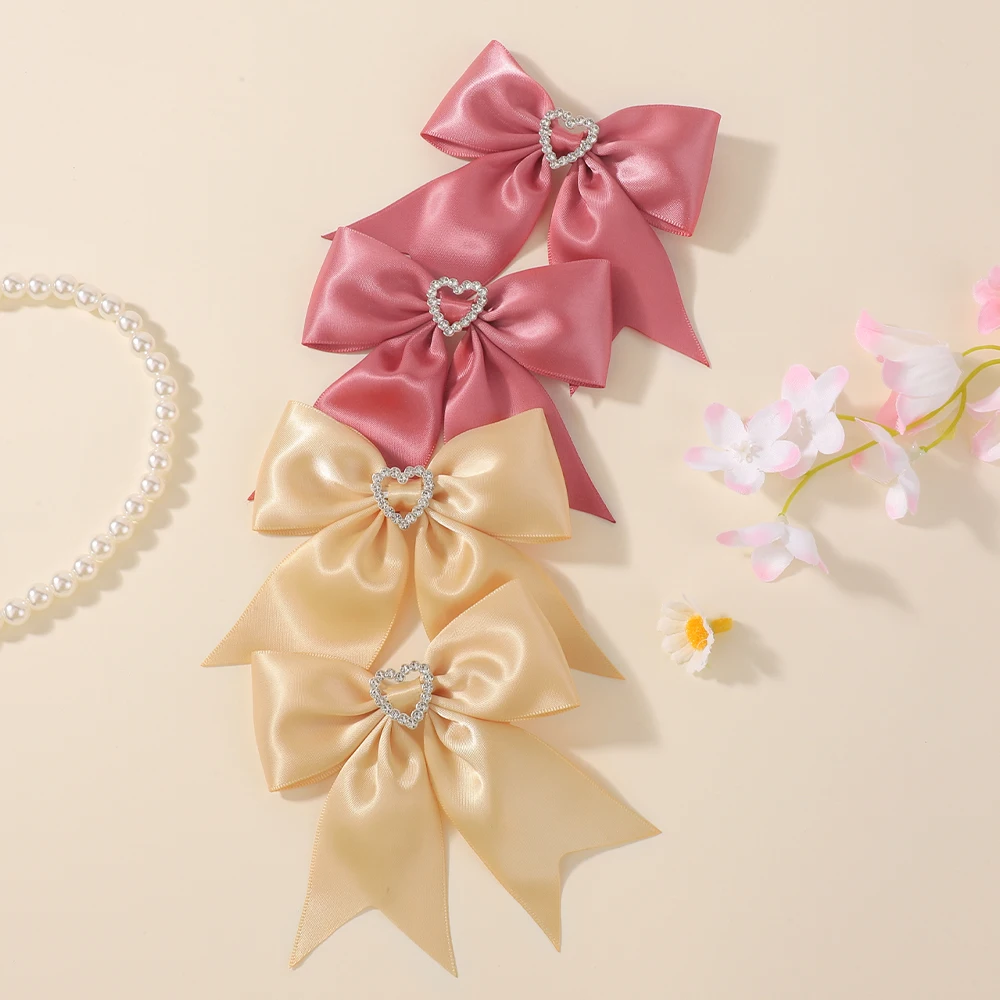 4Pcs Satin Bow Hairpins Sparkling Crystal Heart Ornament Lightweight Alligator Clips For Toddler Girls Dress‑up Hair Decoration