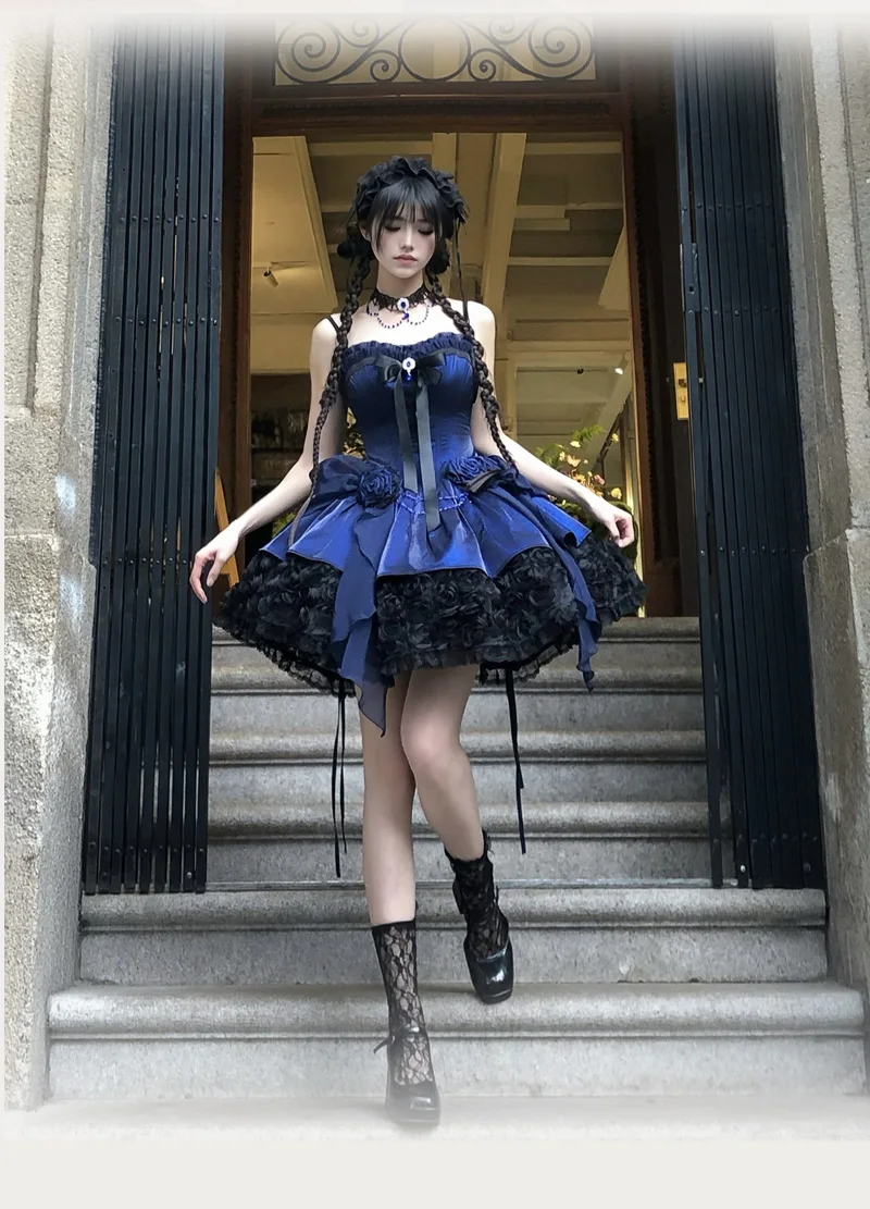 Elegancka Sukienka Vintage Gotycka Księżniczka Lolita Bez Rękawów Odkryte Ramiona Wysoki Stan Łączona Kwiaty 3D Krótka Puszysta Sukienka na Imprezę Damska