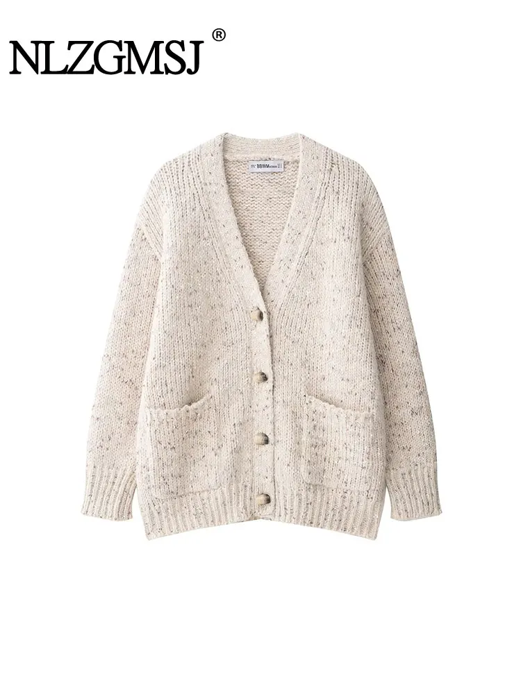 

NLZGMSJ Women's 2025 Autumn New Mixed Color Dot V-neck Knitted Cardigan Sweater Coat Sweet Girl Outerwear