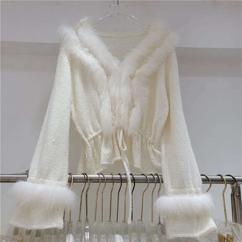 Clothland Women Sweet Fur Spliced Knitting Cardigan V Neck Drawstring Sashes Sweater Jacket Cute Knitwear Coat Tops HA674