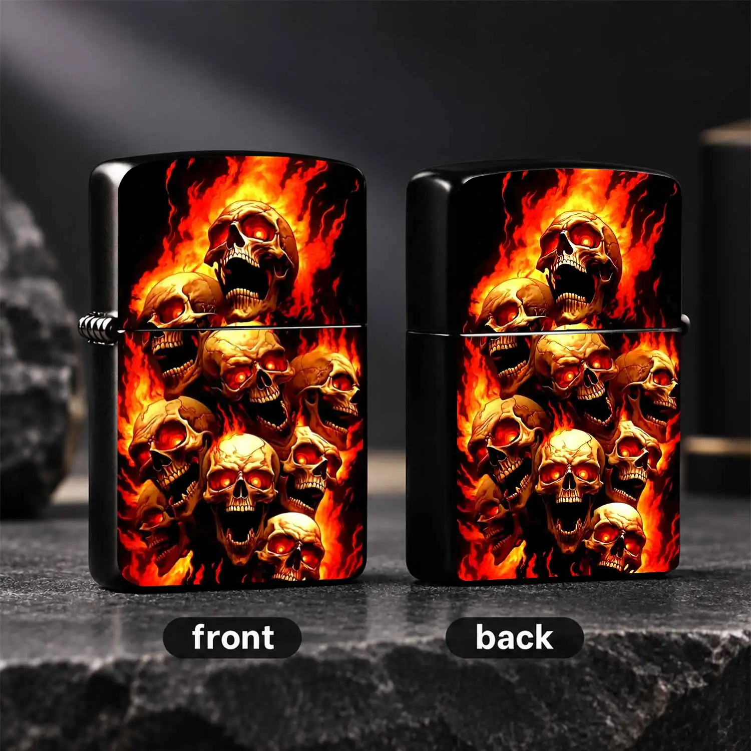 Stylish Fiery Skull Art Themed Lighter, Eye-Catching Dark Aesthetic Pattern Design, Portable All-Scene Usable Igniter, Durable Exquisite Appearance, Perfect For Daily Carry, Unique Decorative Practical Item For Gifting Or Personal Use A Hum