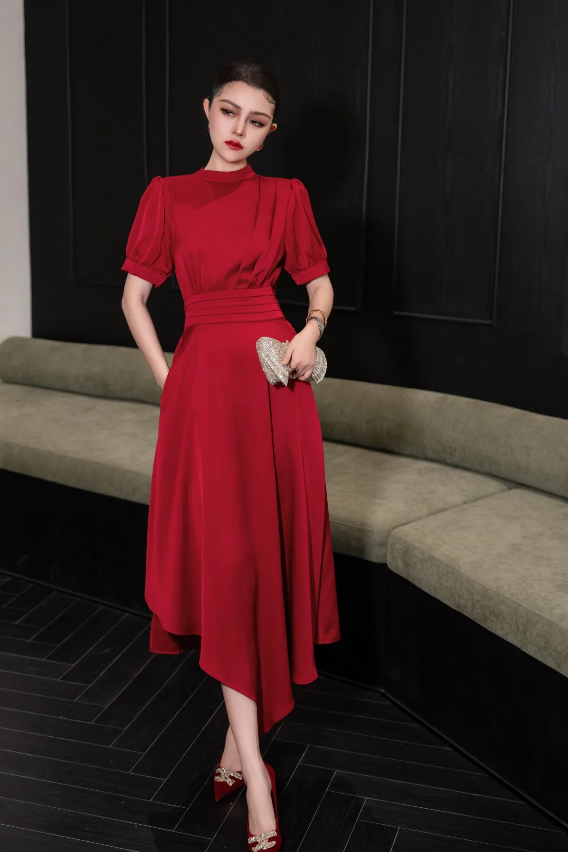 ZJYT Designer Summer Midi abito asimmetrico donna 2024 elegante Stand collo manica corta abiti da sera rossi abito femminile