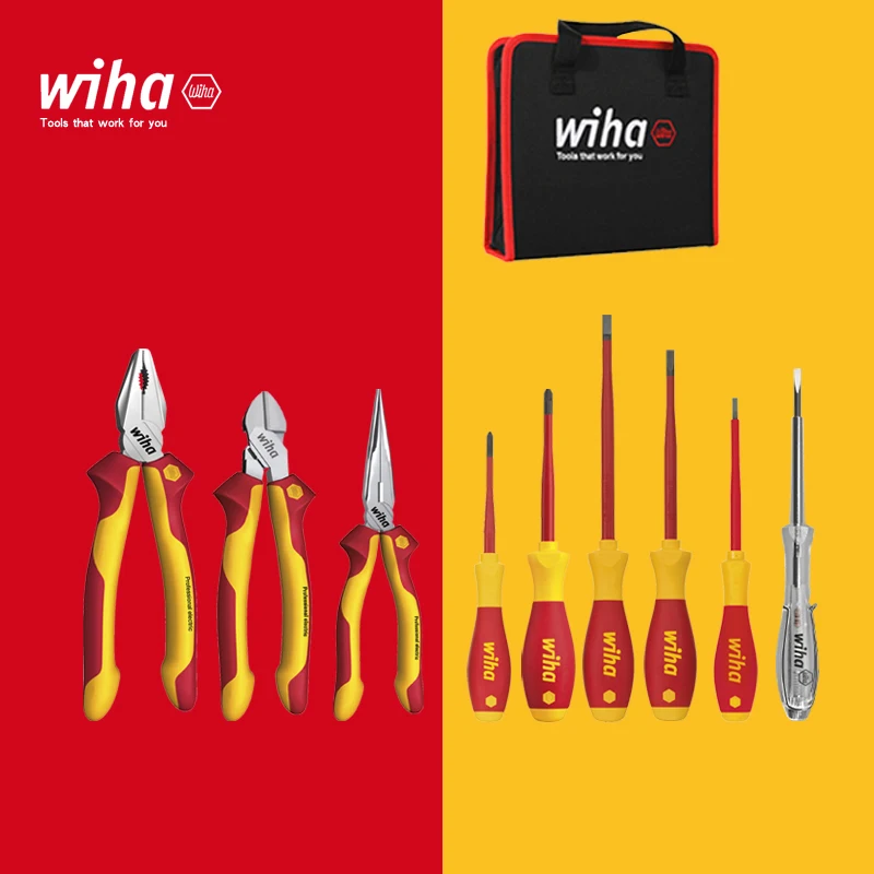 Wiha 90012C Electrician Insulated Pliers Tool Set Steel Wire Diagonal Long  Nose Pliers Screwdriver With Bag