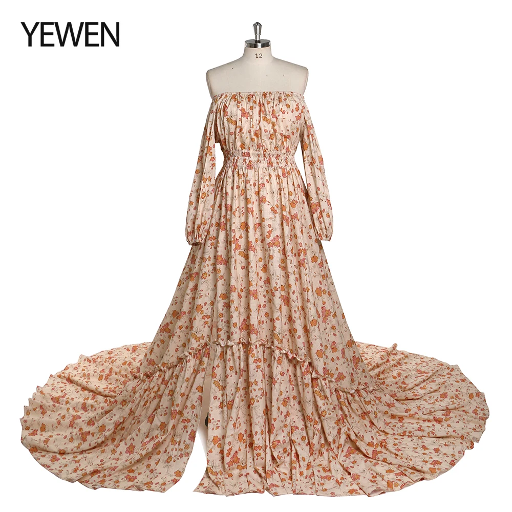 

Elegant Off Shoulder Floral Print Cotton Fabric Woman Maxi Photography Dress Maternity Photo Shoots Gowns YEWEN