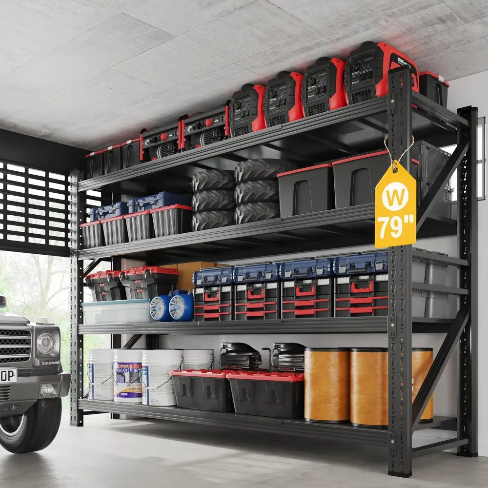 

7000LBS Metal Steel Storage Shelves - 78.7" W Black 4 Tier Heavy Duty Rack Commercial Industrial Shelving with Adjustable Shelf