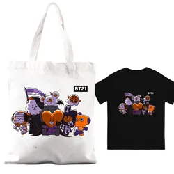 BEAST KINGDOM Cute B-BT21 Cartoon Women Shoulder Bags Couple Combination Clothes Short Sleeve Collar Fashion T shirt Man Cotton