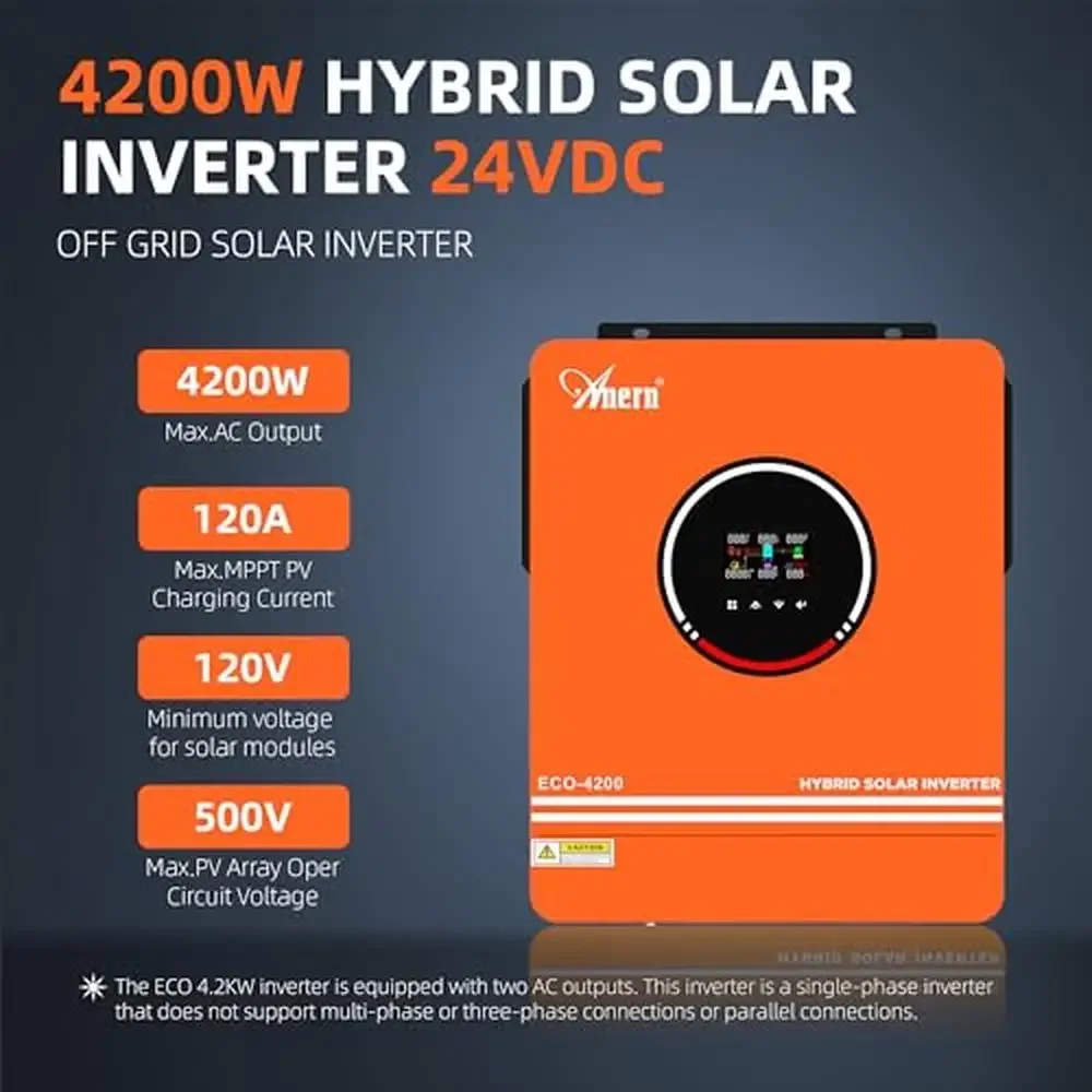 Hybrid Solar Inverter 4200W 24V DC with 120A MPPT Controller 220-230VAC Pure Sine Wave Output WiFi LCD Display 4 Charging Modes