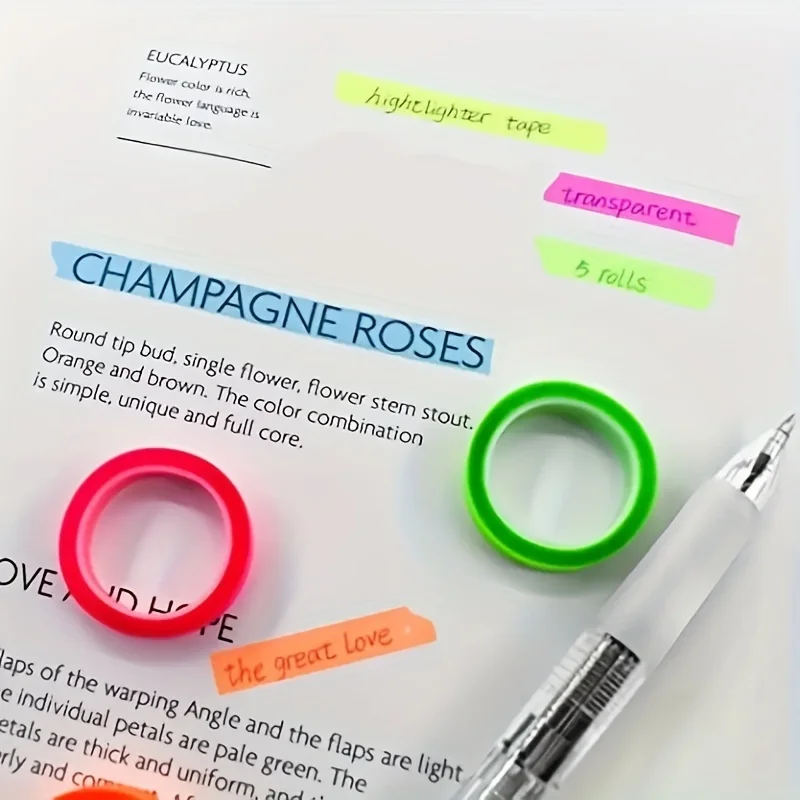 5 Rolls/Pack Color Index Tag Stickers Removable Fluorescent Colored Labels Reading Class, Semi-Transparent Suitable for Reading