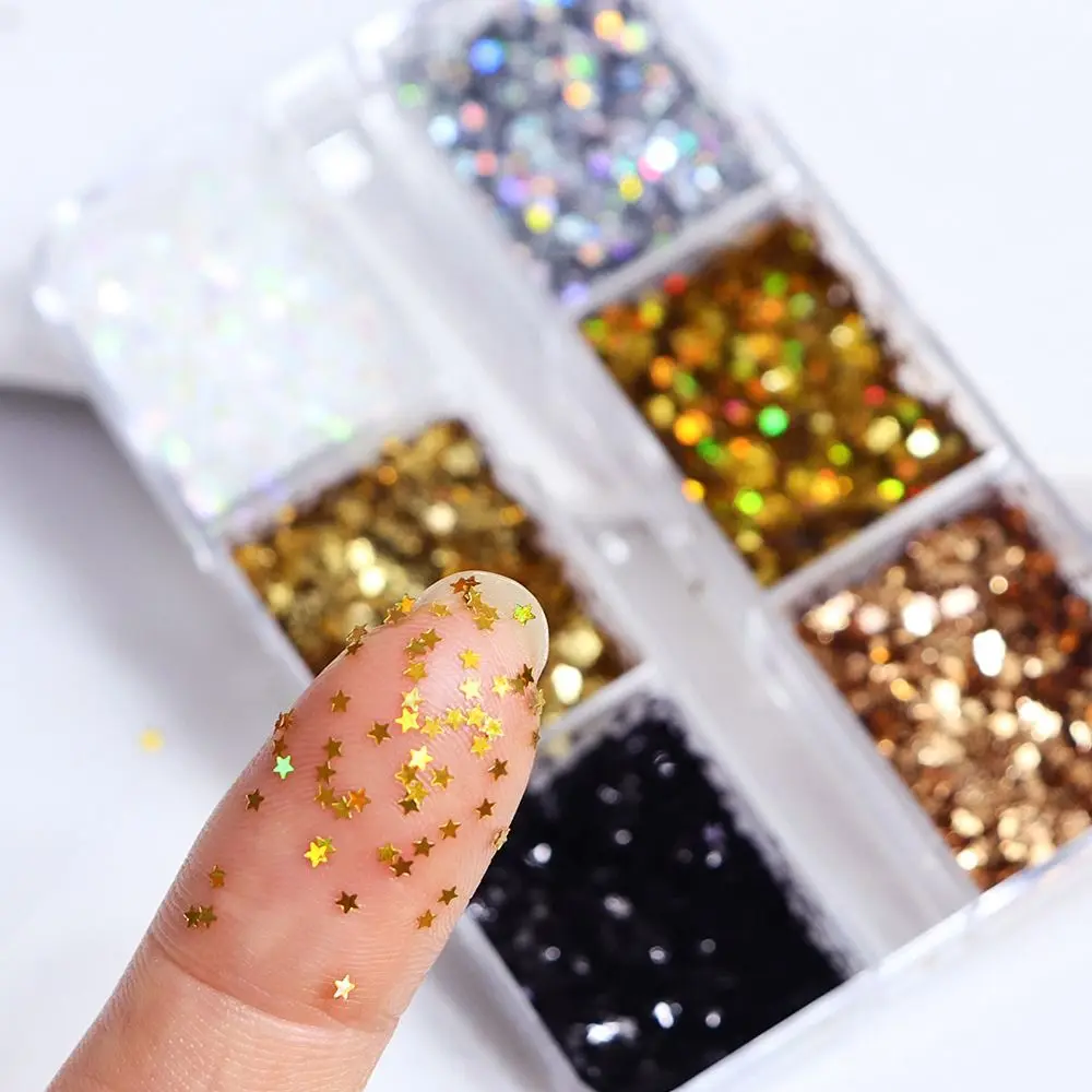 6-Grid Polka Dot Hearts Glitter Nail Accessories Five-pointed Star Colorful Nail Charms Minimalist DIY Nail Art Decorations