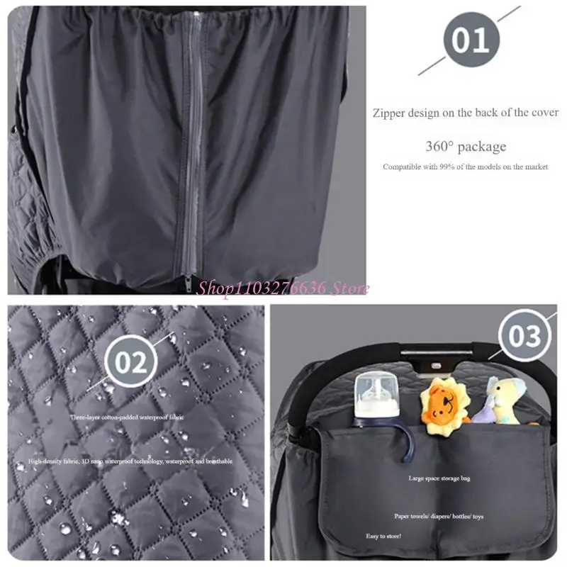 R6FD Windproof Baby Strollers Protector Winter Warm Cover Clear Front Panel Breathable Polyester Fabric Universal Easy Setups