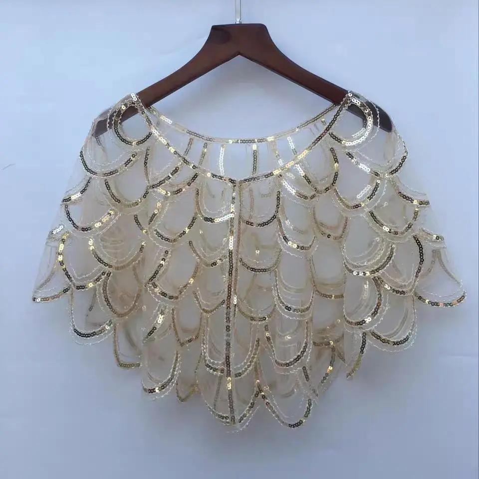 

Новая модная женская винтажная накидка в стиле 1920-х годов с бисером и пайетками, болеро, вечерний кейп на одной пуговице, украшенный пайетками, для свадебной вечеринки