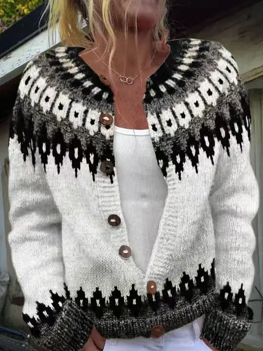 

National Style Jacquard Sweater Knitted Cardigan Overcoat