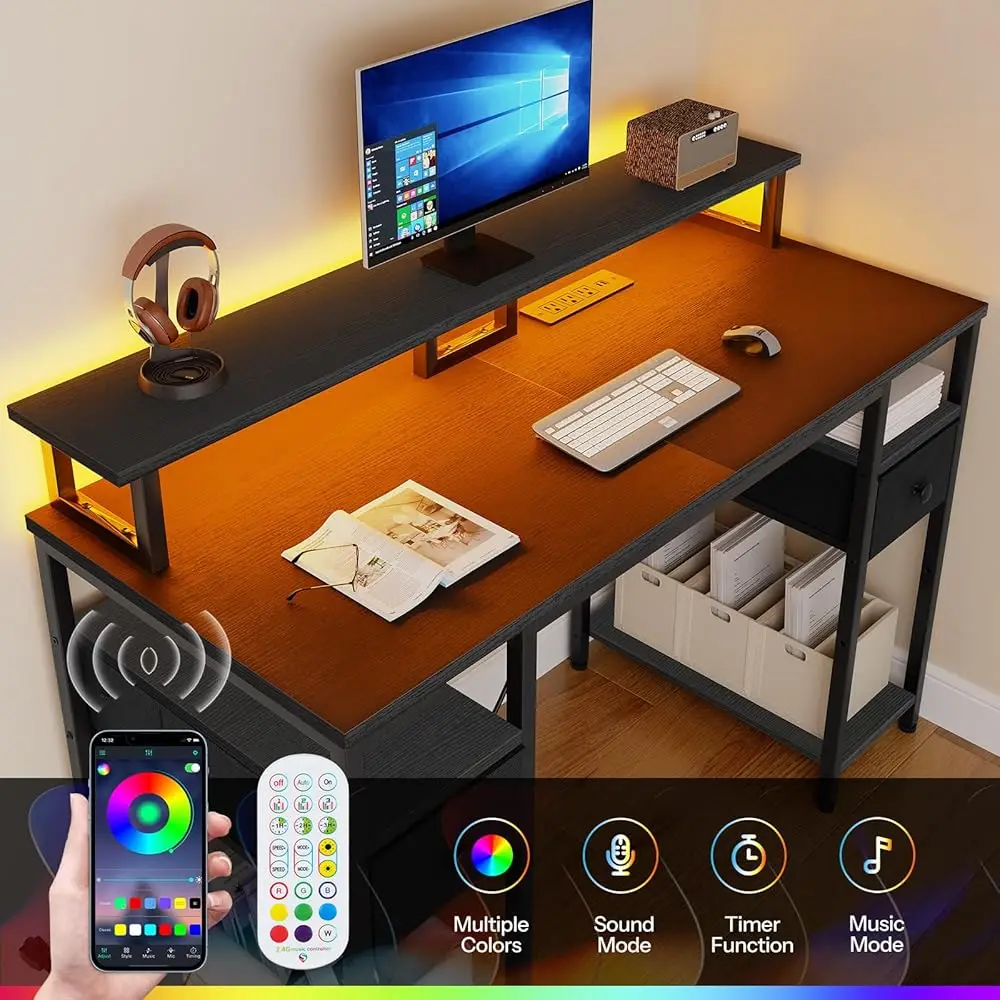 47 H Gaming Desk With Led Lights & Power Outlets, Computer Desk With Monitor Stand And Drawers, Gaming Table With Storage