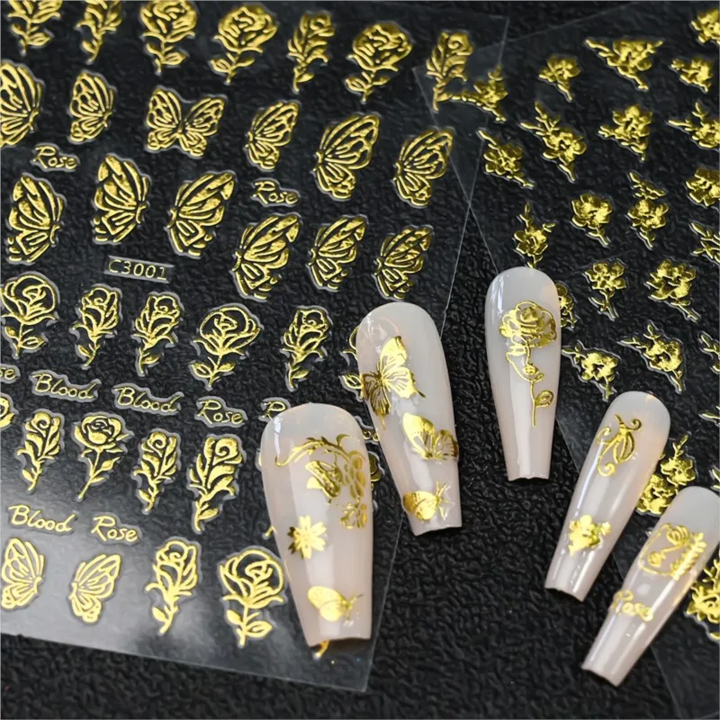 6Pcs/set Hot Stamping Rose Butterfly Nail Stickers Luminous Effect Colorful Gradual Nail Art Decals Laser Line Manicure Decorati