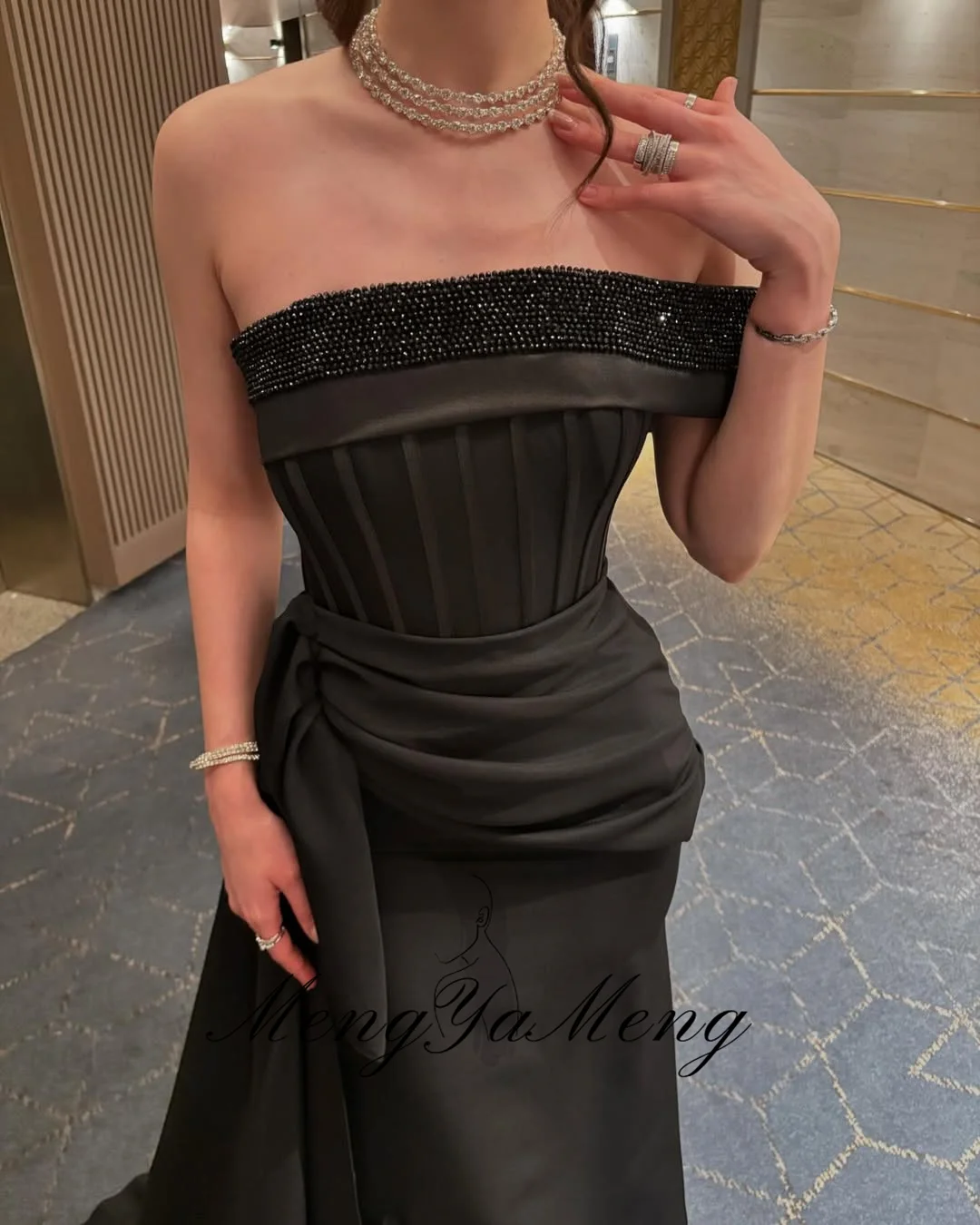 ZHUISHU فستان سهرة أسود بكتف واحد مع خرز مخصص من الساتان السعودي طويل للحفلات الراقصة فستان رسمي للمناسبات لحفلات الزفاف #5