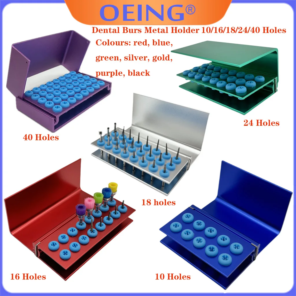 OEING Dental 10/16/18/24/40 Holes Burs Metal Holder for High/Low Speed BurOrganizer Box With Silicone Autoclavable