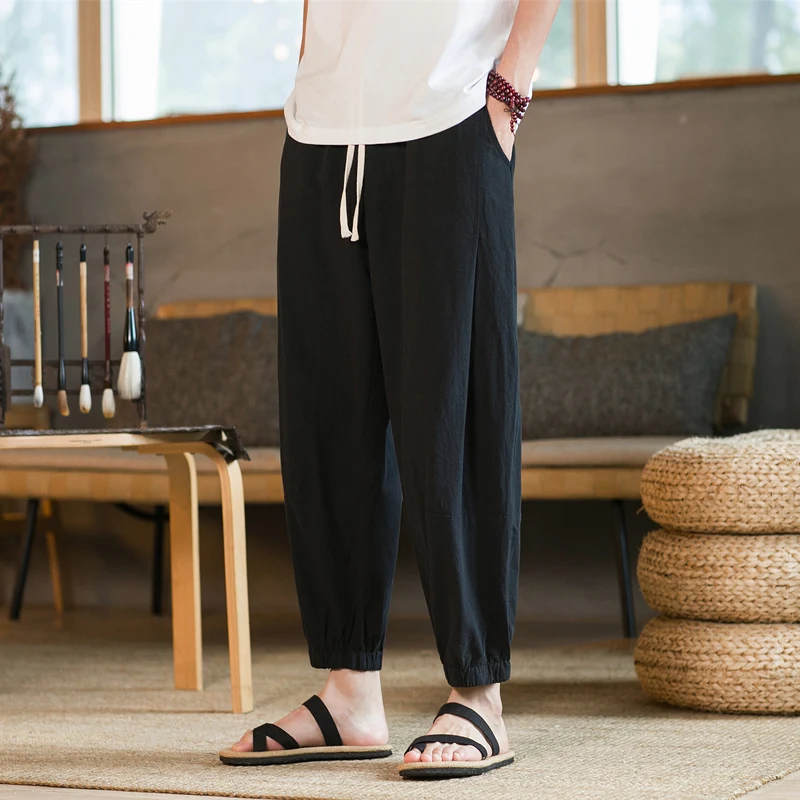 

LAPPSTER Cotton Linen Summer Harem Pants Men Vintage Joggers Chinese Style Korean Casual Baggy Pants Black Hawaiian Trousers