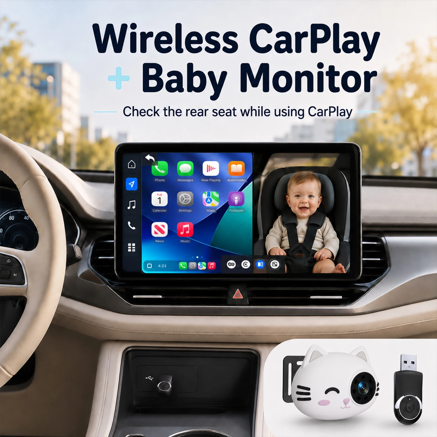 Cabin Care Adapter Wireless CarPlay Car HD Camera for Baby Kids Car Accessories for Hyundai Benz Audi Chevrolet Kia
