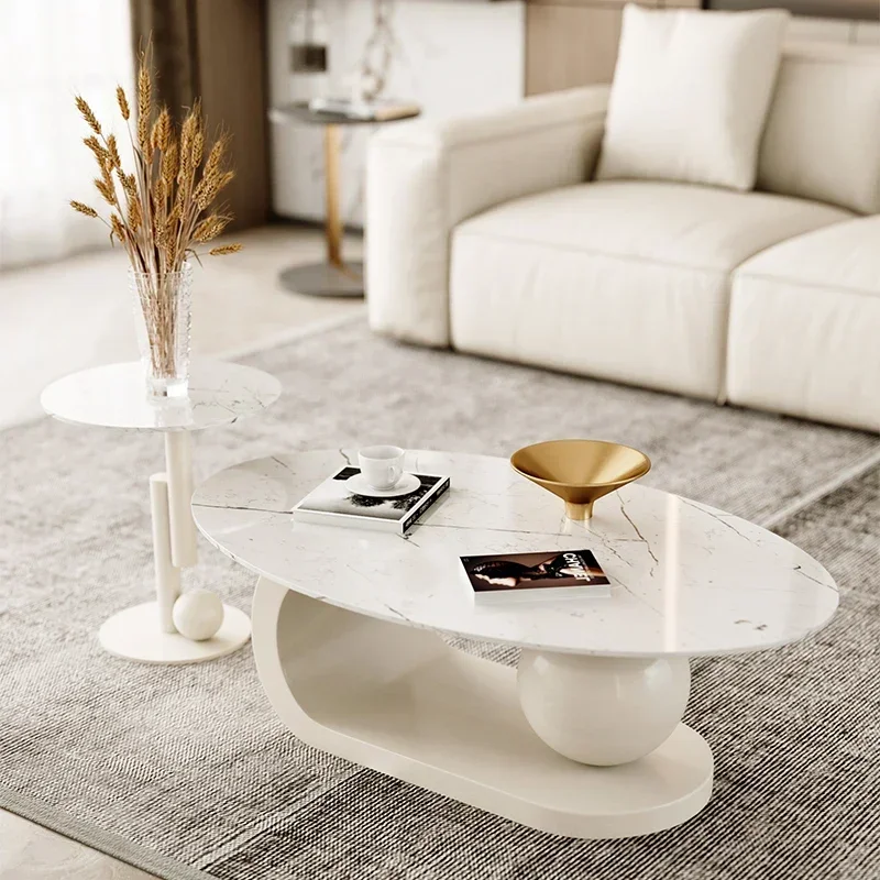 Coffee table, living room household small apartment, Italian light luxury oval rock slab coffee table combination cream style