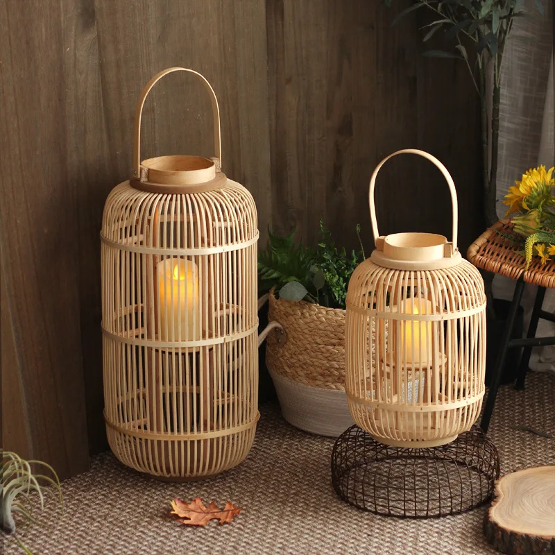 Chinese Floor Lamp Bamboo Woven Hand-held Wind Lanterns Hotel Decoration Props Candle Holders Retro Style Floor Lantern Ornament