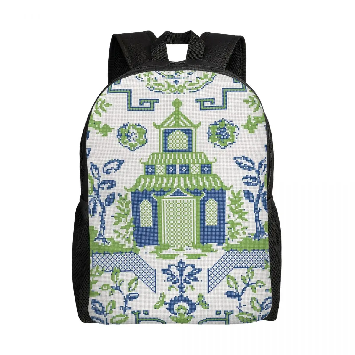 

3D Print Vintage Chinoiserie Willow Pagoda Backpack for Boys Girls Delft Blue College School Bags Bookbag Fits 15 Inch Laptop