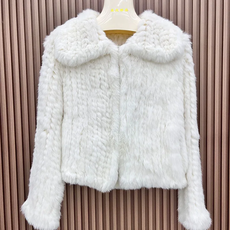 2025 Women Winter Knitted Real Rabbit Fur Coats High Quality Natural Fur Jackets Long Sleeve Female Luxury Genuine Fur Coats