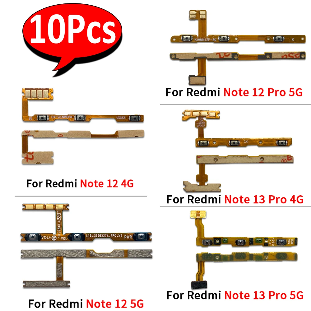 

10Pcs，NEW Power On Off Volume Side Button Key Flex Cable Replacement Parts For Xiaomi Redmi Note 12S 12 13 14 Pro 4G 5G Plus