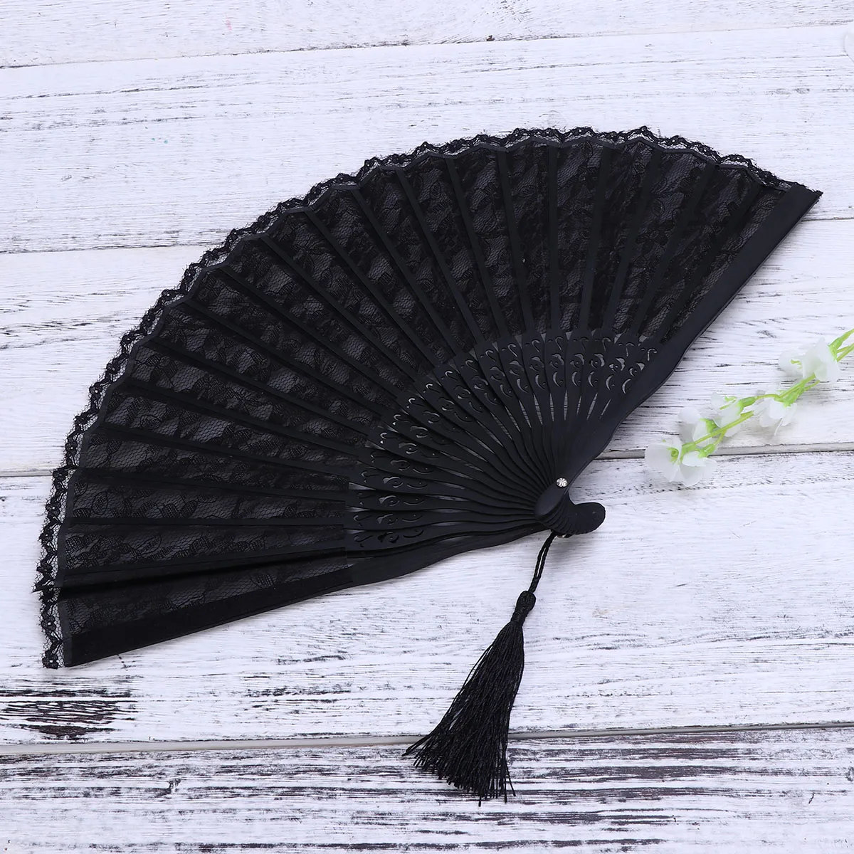 

Cotton Bamboo Vintage Folding Hand Fan For Women Lace Hollow Out Retro Fan Black Portable Summer Wedding Decor