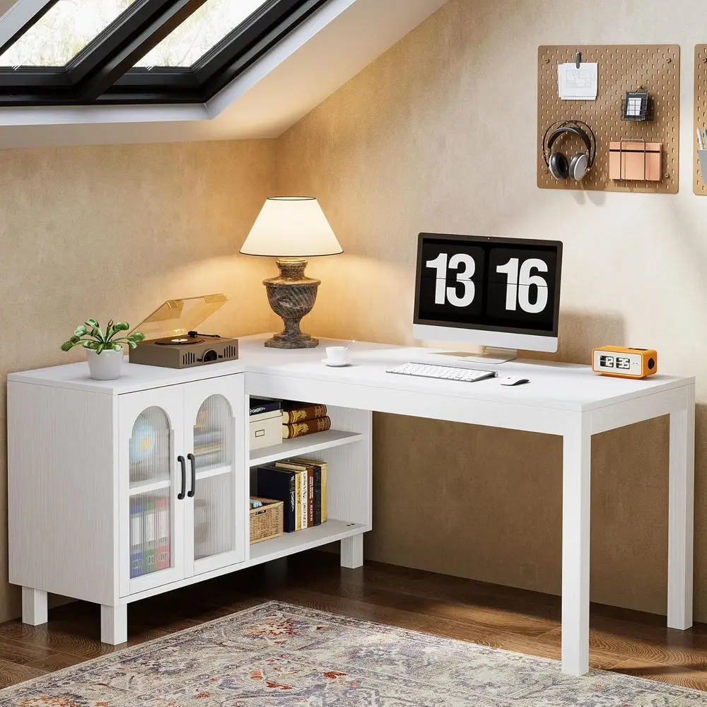 

L-Shaped Desk with ile Cabinet, 59-Inch Executive Oice Desk with Storage Shelves, Wooden Study Writing Desk armhouse Computer De