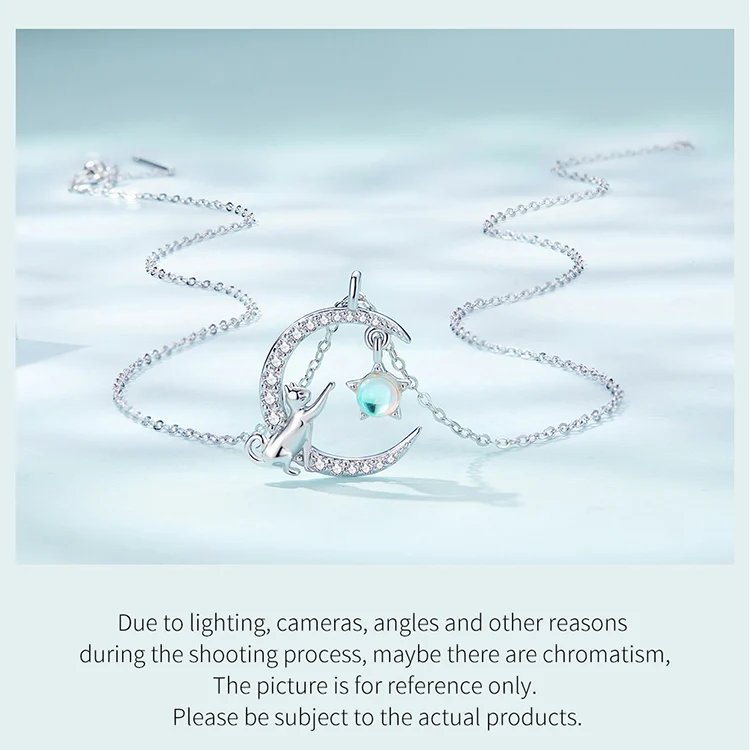 WOSTU 925 Sterling Silver Cute Cat Moon Pendant Necklace For Women, reamy Moonstone Zircon Charm Necklaces Special Gift For Her