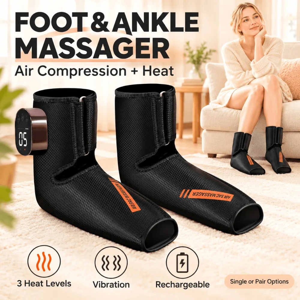 Foot Ankle Massager with Heat, Rechargeable Air Compression Foot Wrap with Vibration and 3 Modes for Tired Feet at Home or Work