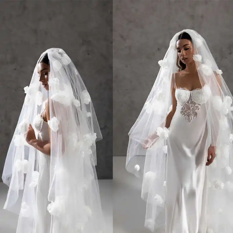 

Elegant Two Layer Wedding Veils 3D Flowers Long Cathedral Length Bridal Veils Wedding Accessories Custom Made