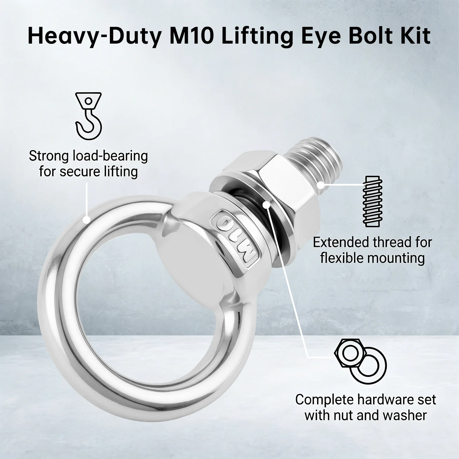2pcs 304 Stainless Steel M10 x 25 mm Threaded Eye Bolt with Nuts and Washers
