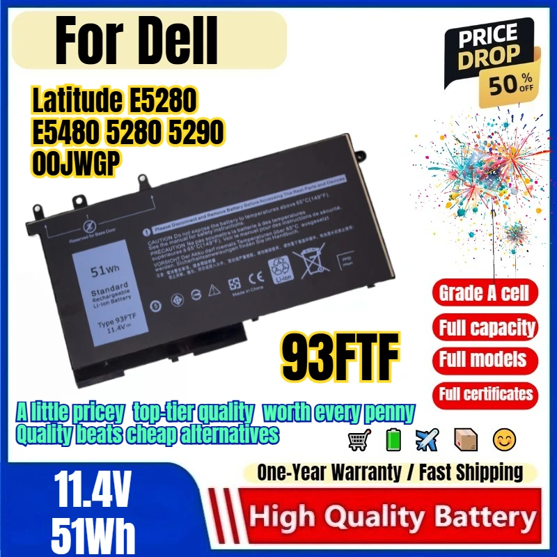 93FTF for Dell Latitude E5280 E5480 5280 5290 00JWGP Laptop Battery 0 Cycle High Quality Capacity Battery Replacement Bateria
