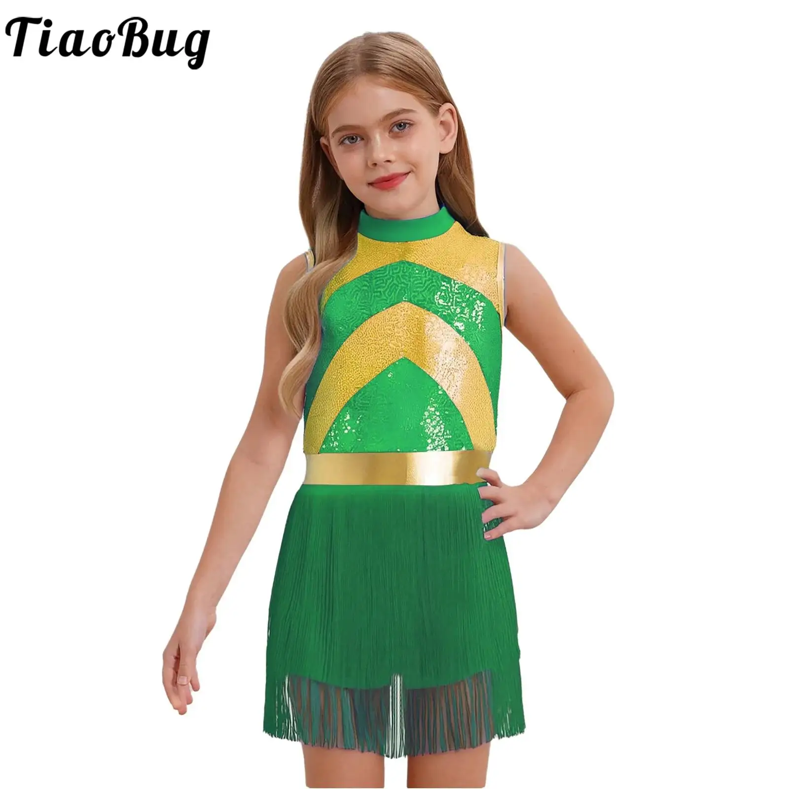 Kids Girls Latin Jazz Dance Dress Figure Skating Gymnastics Cha-cha Performance Costume Sleeveless Shiny Sequins Tassels Leotard