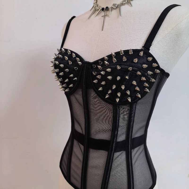 الأوروبية الأمريكية الشرير الظلام Y2K مثير الملابس النسائية التصميم الأصلي الحلو كول شبكة انظر من خلال هيكل السمكة برشام سترة السيدات