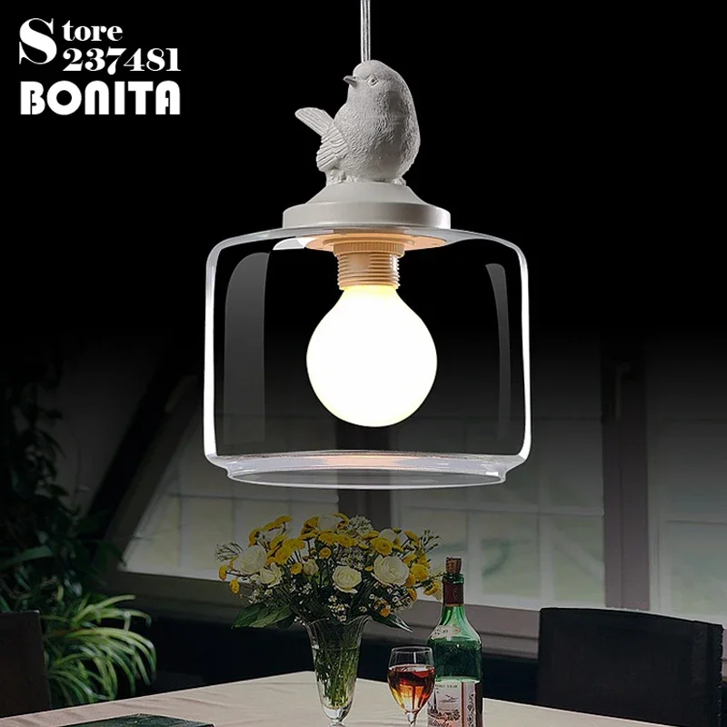 Nordic Creativity Restaurant Bar Children's Room Animal Natural Hanging Lamp Resin Bird Glass Pendant Lamp  G80 Milky Led Bulb