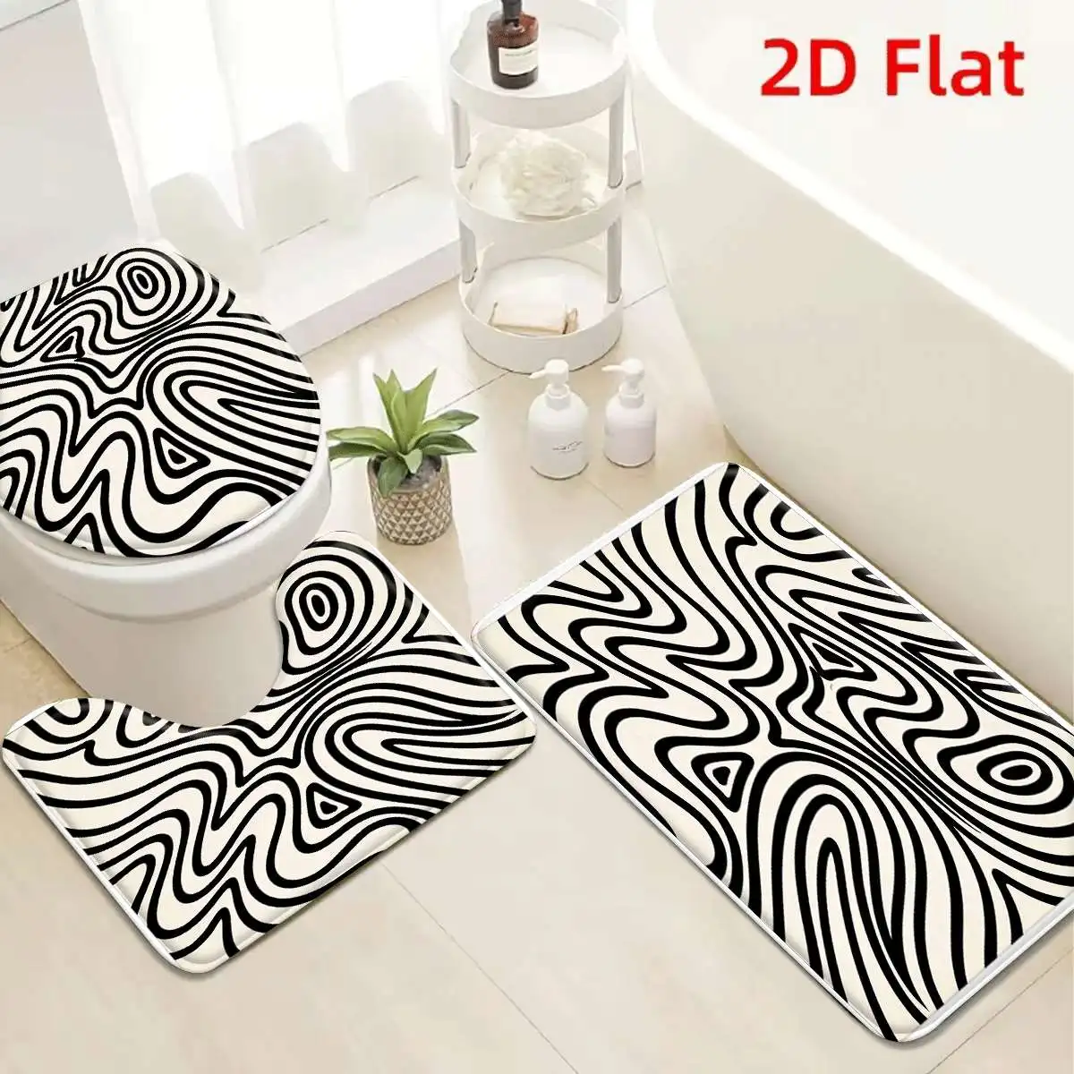 

3Pcs Black White Swirl Pattern Bath Mat Non Slip Absorbent Toilet Rug with Lid Cover for Bathroom Washable Flannel