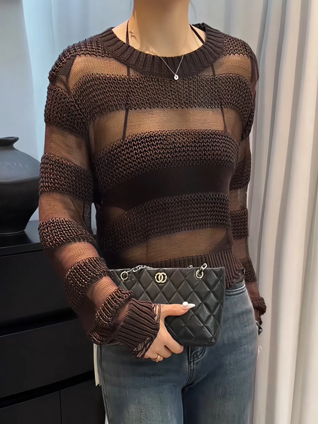 

Korean Sle Long Sve Knitted irt Stripe Design Slimming Unique Design Commute Warmth Women's Faion Autumn Winter New ...