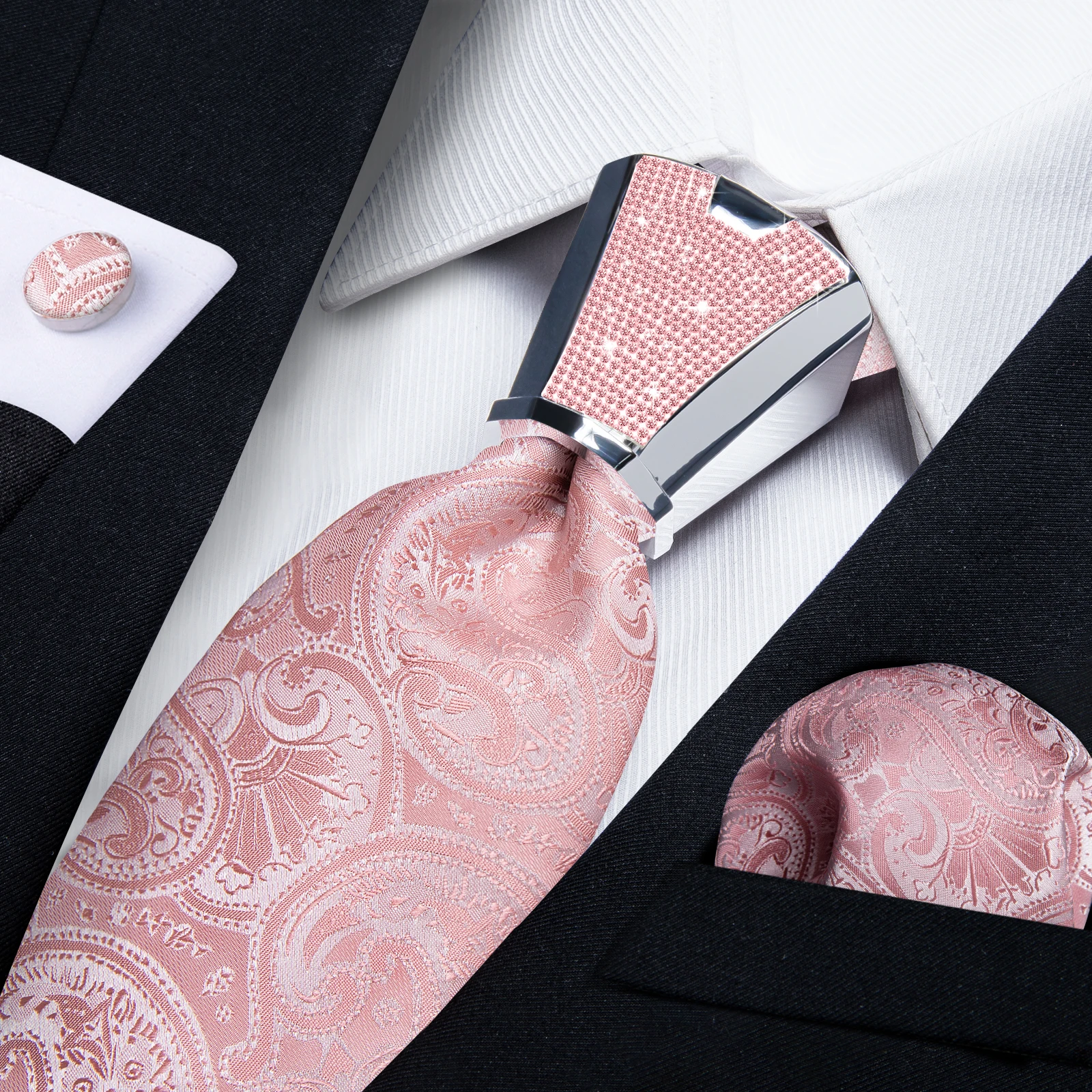 Pink Solid Paisley 8cm Ties for Men with Luxury Plastic Tie Buckle Handkerchief Cufflinks Business Wedding Party Accessory