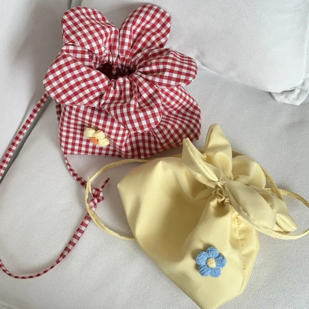 Literarischen Koreanischen Stil Plaid Kordelzug Tasche Druck Nette Blume Handtasche Große Kapazität Tragbare Kleine Umhängetasche Urlaub