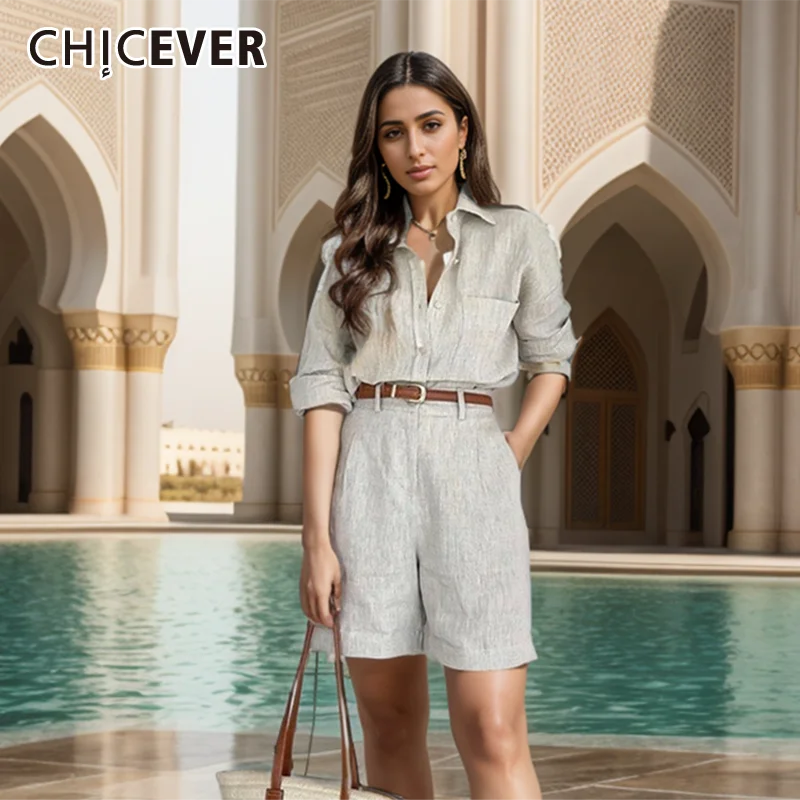 

CHICEVER Casual Two Piece Set For Women Lapel Long Sleeve Splice Pocket Shirt High Waist Straight Pant Beach Suit Female Summer