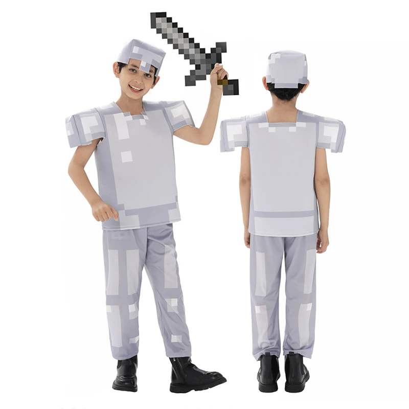 

Детский костюм Game World унисекс с серым бриллиантом и мечом, костюм для косплея на Хэллоуин для девочек и мальчиков, костюм Steve In Iron Armor