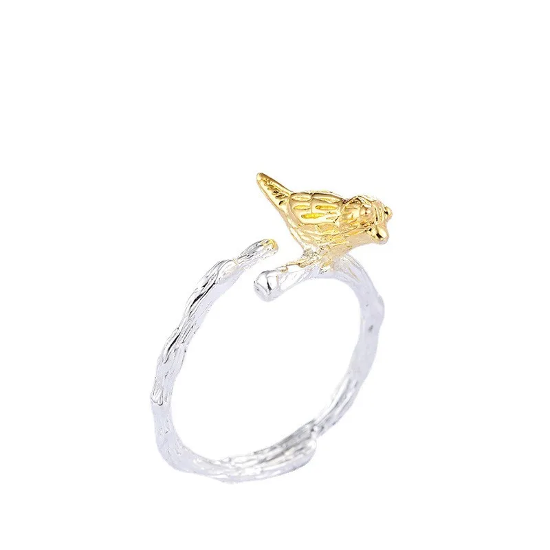 New Arrival Pure 925 Sterling Silver Tree Branch Golden Birds Open Rings For Women Female Anti-Allergy XR050